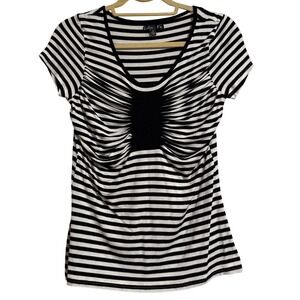 Color FX Womens Black White Striped Ruched V-Neck Short Sleeve Top Medium